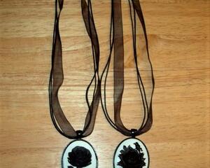 Black Rose Cameo Pendant Necklace with Organza Ribbon