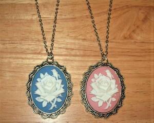 Victorian Rose Cameo Pendant Necklace, Blue or Pink