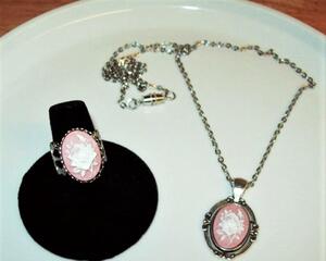 Victorian Rose Cameo Pendant Necklace and Ring Set