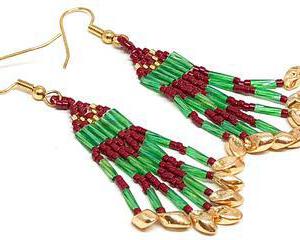 Handmade Green Cranberry Red Gold Fringe Earrings