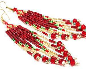 Handmade Red Green Gold Diamond Fringe Earrings