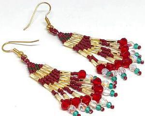 Handmade Red Green Gold Fringe Earrings