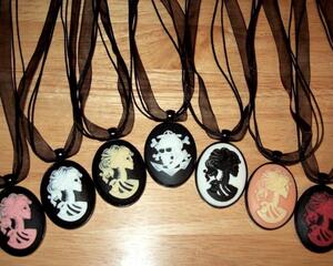 Cameo Pendant Necklace, Lolita Skull, Black Organza Cord