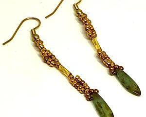 Handmade Gold Green Dagger Beadweaving Earrings