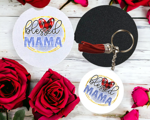 Key Chain and Car Coaster set Blessed Mama in Blue with a buffalo check heart