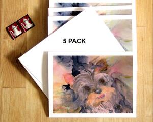 My colorful yorkie watercolor is printed on a 5 card set of blank note cards. The cardstock is FSC certified for environmental friendliness
