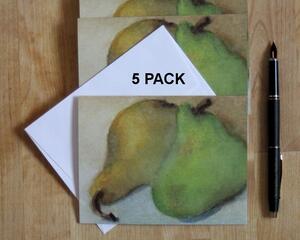 A 5 pack set of watercolor designer art cards including white envelope. Adorned with gold & a green pears nestled side by side.  
