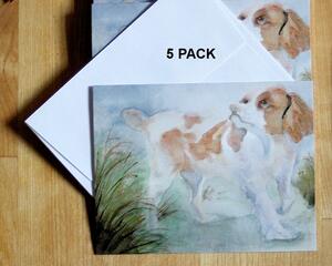 Adorable set of 5 note cards with accompanying white envelopes.  Card face is decorated from my original watercolor of a Springer spaniel.