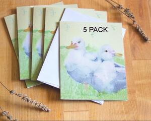5 pack of note cards and white envelopes adorned with 2 ducks.  Unique design created from original watercolor art. Cute for a baby shower.
