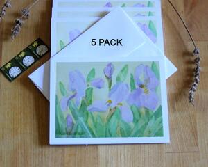 A 5 pack set of iris note cards including white envelopes.  Crated from my original watercolor painting.  All occasion art cards.
