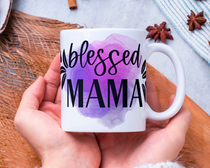 Purple blessed mama mug held by Mom
