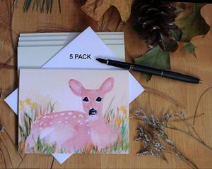 A lovely set of 5 woodland fawn watercolor stationery cards with white envelopes. Perfect for baby shower cards Thank You notes or any time.