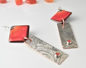 Dazzling Sunset Orange Enameled Copper Earrings with Upcycled Silver Bar Dangle and Carnelian Gemstone