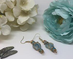 Handmade Aqua Oval and Light Turquoise Wire Wrap Earrings
