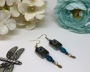 Handmade Rectangle Peacock Dangle Earrings