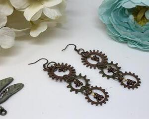 Handmade Steampunk Gear Dangle Earrings