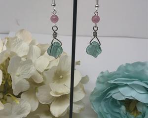 Handmade Green Leaf and Pink Cats Eye Wire Wrap Dangle Earrings