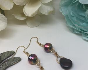 Handmade Purple Teardrop with Disco Ball Wire Wrap Dangle Earrings