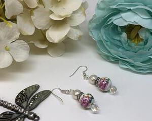 Handmade Pink Ceramic Rose Dangle Earrings