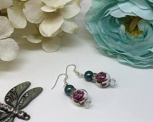 Handmade Burgundy Ceramic Rose Dangle Earrings