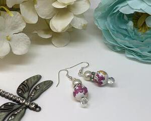 ​Handmade Pink Ceramic Flower Dangle Earrings​