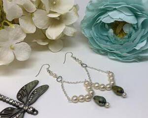 Handmade Pearl and Green Metallic Dangle Earrings