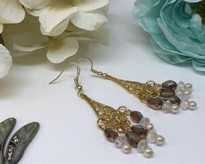 Handmade Teardrop Chandelier with Rose Gold Drops and Crystals Earrings