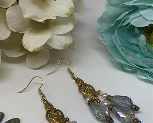 Handmade Gold Heart Teardrop Chandelier with Blue Luster Drops and Pearls Dangle Earrings