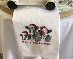 Moo-y Christmas Tea Towel with Cows in Santa Hats