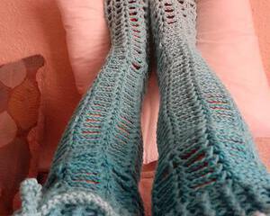 Blue crochet open-meshed thigh high socks with romanian cord to tie a bow   fits most sizes women's 7-9