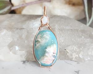 Plume Agate and Welo Opal, 14k Rose Gold-Filled Wire Wrapped Pendant