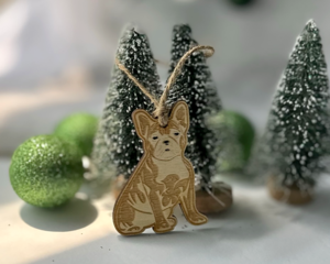 Custom French Bulldog sketch Personalized Ornament. This Frenchie Ornament is about 3.75 height and is laser engraved for clarity and longevity. Perfect gift for dog lovers and make a statement on your Christmas tree. Ultimate dog lovers' gift