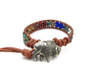 Buffalo Leather Wrap Bracelet, Colorful Czech glass beads, Pewter Buffalo Button, Saddle Brown Leather, Real Leather