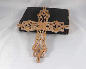 Beautiful handmade rustic fretwork cross made from recycled materials. Intricate fretwork design adds eye-catching detail to any room.