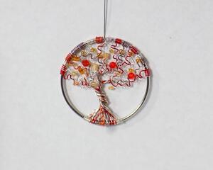 small 3 inch autumnal colors wire tree of life sculpture with Czech glass beads, handmade with red, orange, bronze and silver wire by RainbowMaille in the USA