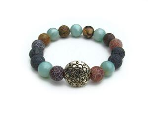 Stretchy stone bracelet with amazonite, artistic stone and lava beads, browns, black and aqua colors