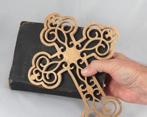 This beautiful handmade rustic fretwork cross is made from reclaimed hardwood flooring samples and adds a touch of rustic elegance to your home.