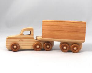 Handmade Wood Toy Tractor Trailer Truck from my Play Pal Collection, crafted using traditional woodworking techniques. Made from smooth-sanded wood, meticulously assembled, and finished with clear dewaxed shellac.