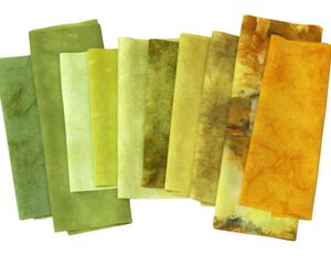Itty bitty sampler pack of hand dyed quilting cotton in shades of olive and gold