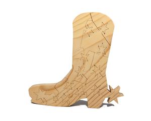 These adult puzzles feature a unique star-shaped locking tab and are handmade western cowboy boot-themed. The pieces are hand-finished with clear shellac to protect the wood and enhance the beauty of the grain.