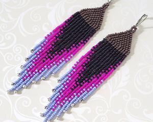 Long purple ombre seed bead fringe earrings.