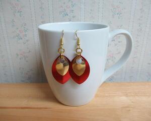 Christmas Scalemaille Earrings, Gold and Red