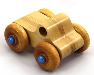 Handmade wooden toy pickup truck with a durable satin polyurethane finish and metallic sapphire blue trim from My Play Pal collection.
