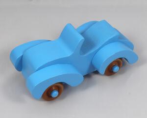 Handmade painted wooden toy car, baby blue convertible with fat fendered roadster design. Non-marring wheels finished with amber shellac.