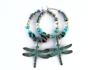Dragonfly wine glass charms, Dragonfly earrings, Blue patina dragonflies with beaded hoops