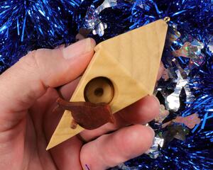 Handmade Wood Birdhouse Ornament Collectable Christmas Tree Ornament shapeed like a Christmas tree. Made from select-grade hardwoods, hand-sanded, and finished with a custom blend of oils and waxes using traditional woodworking tools.