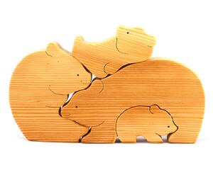 Handmade Wood Bear Family Stacker Puzzle with Moma Bear and Three Baby Cubs, crafted from quality hardwood and finished with mineral oil and wax blend. A charming and rustic addition to home decor, perfect for playtime and display. Made in the USA.