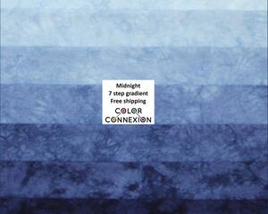 Blue with purple overtones, hand dyed quilting cotton bundle, 7 step gradient