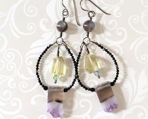 Gemstone dangle hoop earrings, with amethyst slices, yellow quartz, and labradorite.