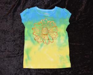 9mo. Gold Flower applique shirt - Blue, Green, Yellow